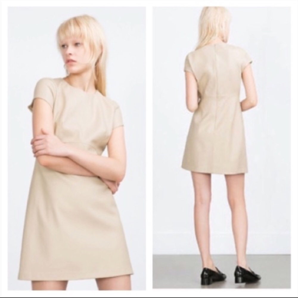Zara leather look beige cream dress